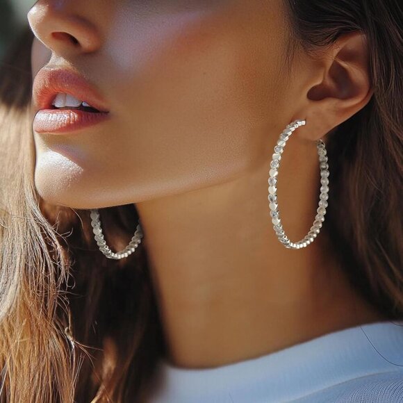 925 Silver-60mm Heart Cubic Zirconia Large Rhinestone Hoop Earrings for Womens - Picture 2 of 7